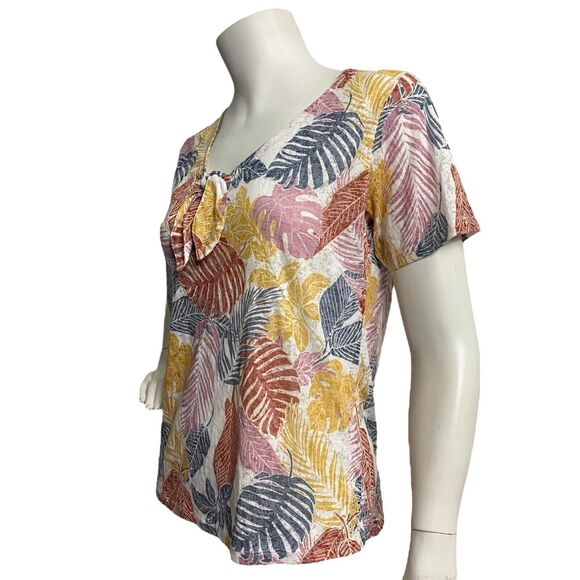 Isle Easentials Multicolor Leaf Print Top Blouse Tie Front Small 10-12 - Picture 3 of 10